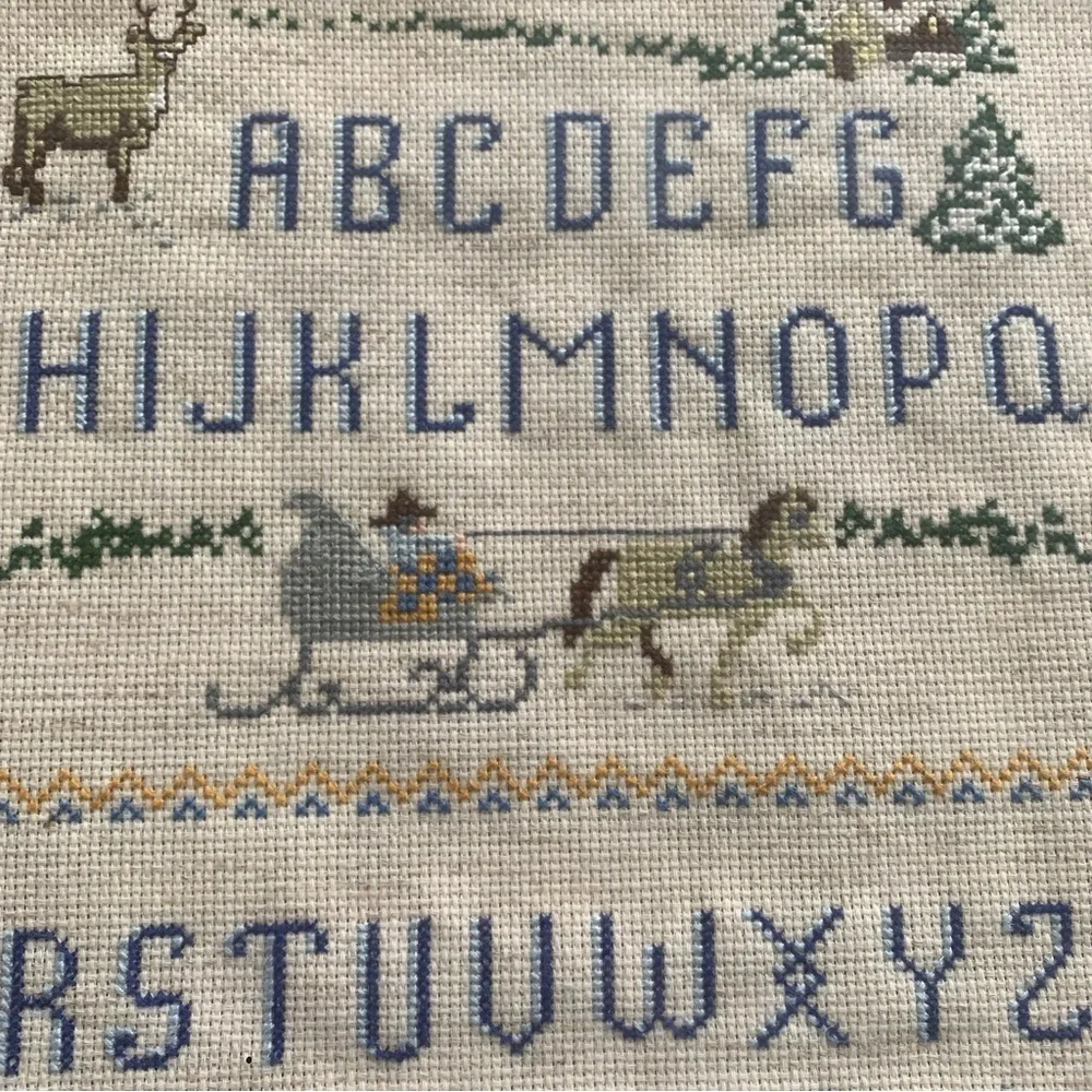 Hand Stitched Needlepoint Alphabet Nature Sampler Handmade Kitschy Y2K Wall Hang